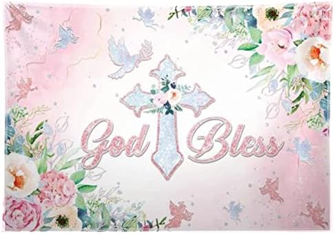 68x45inch God Bless Backdrop for First Holy Communion Christening Background Baptism Party Banner Pink Floral Girl Baby Shower Dove Angle Party Supplies Photoshoot Decorations Gifts